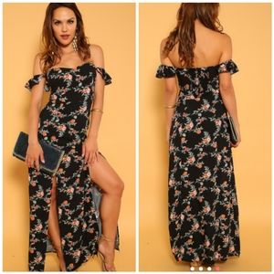 Sexy Black Floral off Shoulder high slit DRESS